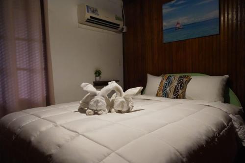 two stuffed animals sitting on top of a bed at Tortugas Brews B&B in Bocas Town