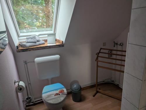 a small bathroom with a toilet and a window at Zum altem Forsthof Grittel in Grittel