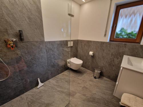 a bathroom with a toilet and a glass shower at Alpinchalet Ortler in Solda