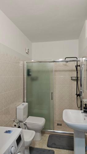 a bathroom with a shower and a toilet and a sink at Old Beach Apartments 2 in Vlorë