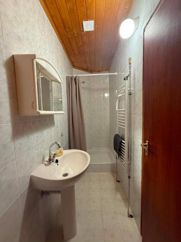 a bathroom with a sink and a shower at Családfa Vendégház in Ságvár