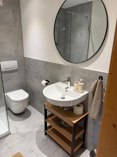 a bathroom with a sink and a mirror at falternhof apartment - geschichte trifft auf design in Höslwang
