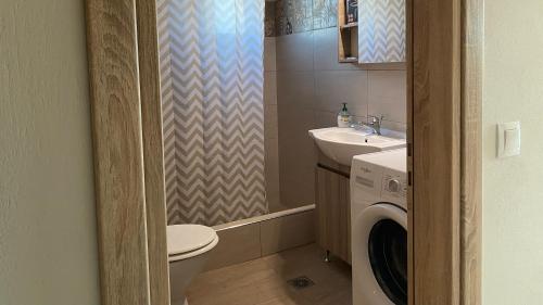 a bathroom with a toilet sink and a washing machine at Βίλα Αντί Ονείρου-Διαμέρισμα Αμαλία in Kriezá