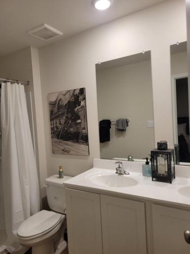 a bathroom with a sink and a toilet and a mirror at Milford House in Milford