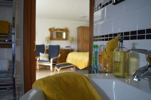 a kitchen counter with a sink and a living room at Smithfield Farm Bed & Breakfast in Builth Wells