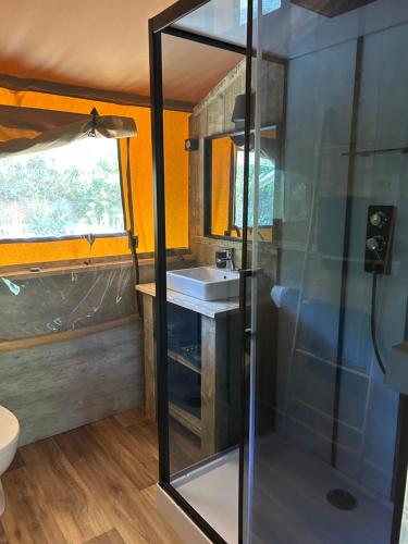 a bathroom with a sink and a shower at Gîte les 7 saveurs in Cucugnan