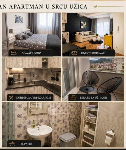 a collage of four pictures of a hotel room at Apartman Tufna in Užice