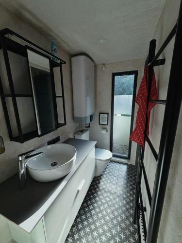 a bathroom with a sink and a toilet at River Nest Tiny House in Iecava