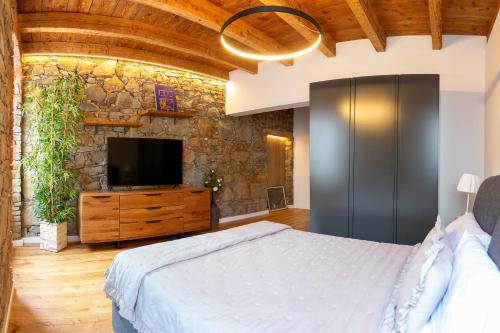 a bedroom with a large bed and a tv at Stevoski Rooms - Modern Comfort in a Historic Stone House in Cormòns