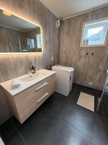 a bathroom with a sink and a mirror at Finnvika Panorama Corner in Vestvågøya