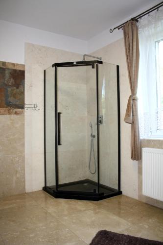 a glass shower stall in a room with a window at Dom w Bieszczadach 10 osobowy in Wołkowyja