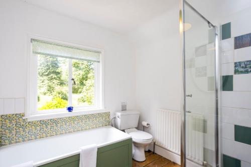 a bathroom with a toilet and a window at Westerlands Farm in Graffham