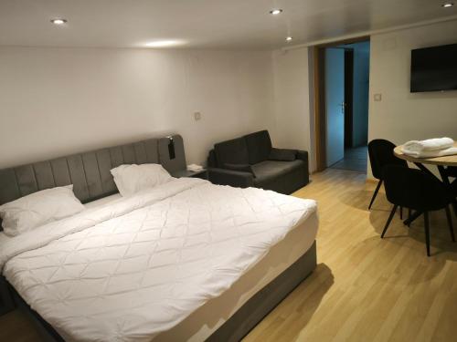 a bedroom with a bed and a chair and a table at Suite DT4 in Blotzheim