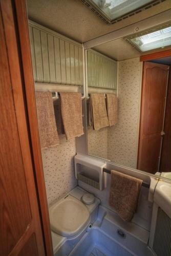 a small bathroom with a toilet and a mirror at Lille Ro in Giskemo