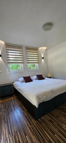 a bedroom with a large bed and two windows at Nadia's home in Ilidža