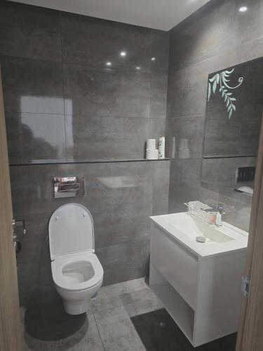 a bathroom with a white toilet and a sink at rental per night in Nabeul