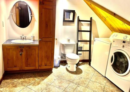a bathroom with a sink and a washing machine at Charmant appartement dans maison patrimoniale in Sherbrooke