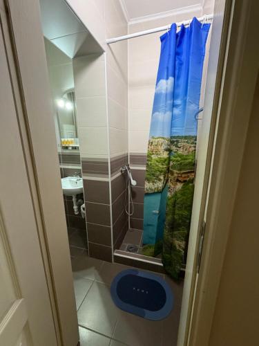 a bathroom with a shower with a shower curtain at Balkan 024 in Subotica