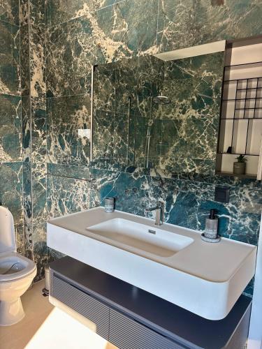a bathroom with a sink and a toilet at Villa Deromano in Šušanj
