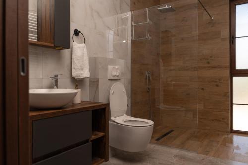 a bathroom with a toilet and a sink and a shower at Villa Royalstone in Donja Ralja