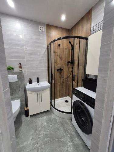 a bathroom with a shower and a washing machine at Sowi Zakątek in Jugów