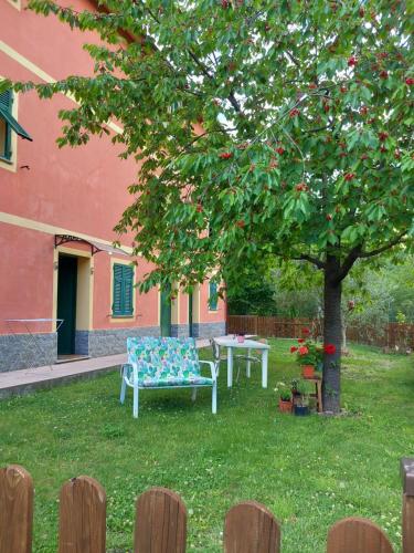 a garden with a table and a bench under a tree at Villa Bella Liguria B&B in Favale di Malvaro