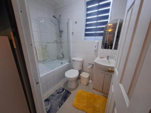 a bathroom with a toilet and a tub and a sink at HOSTAL EL ARoMO CHILLÁN in Chillán