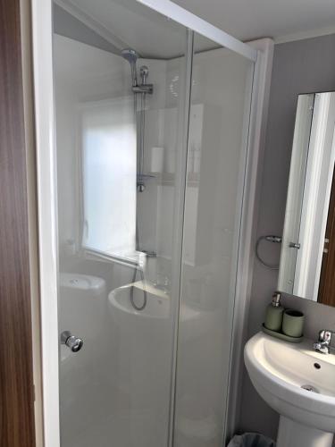 a bathroom with a shower and a toilet and a sink at Sea Breeze Lodge in Longniddry