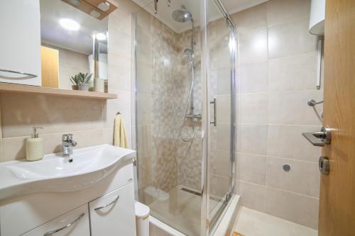 a bathroom with a sink and a shower at Country Chic Villa with Pool in Mrginj