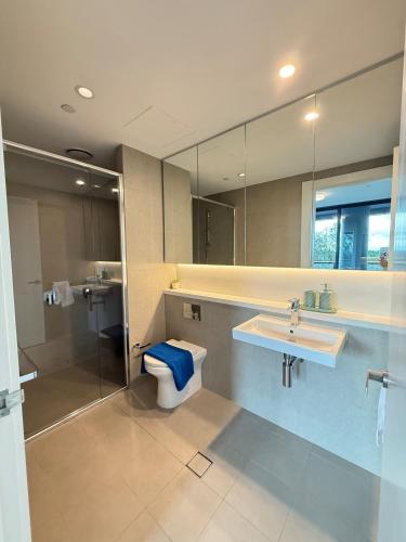 a bathroom with a toilet and a sink and a mirror at Floor-to-Ceiling Park View Oasis at Olympic Park Free Parking Sleeps 5 in Sydney