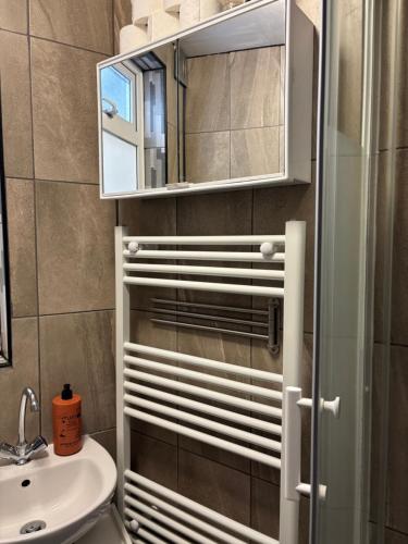 a bathroom with a sink and a mirror at King room with garden access in Raynes Park