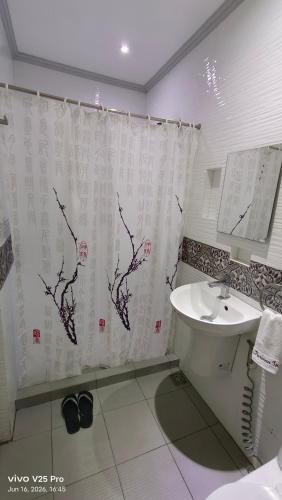 a bathroom with a sink and a shower curtain at Puriran's Hometel in Basco
