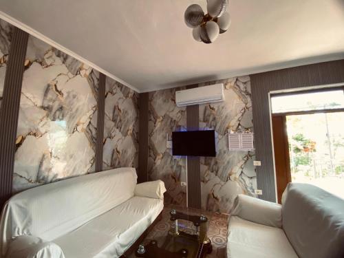 a living room with a couch and a ceiling fan at Ledi’s Home in Borsh
