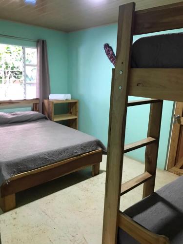 a bedroom with two bunk beds and a window at Fuga Ecolodge Casa grande in Carara