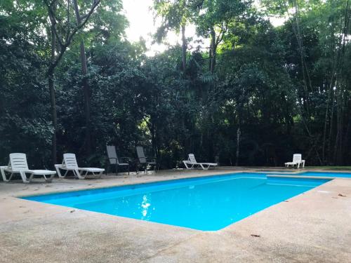 a swimming pool with chaises and chairs next to trees at Fuga Ecolodge Casa grande in Carara