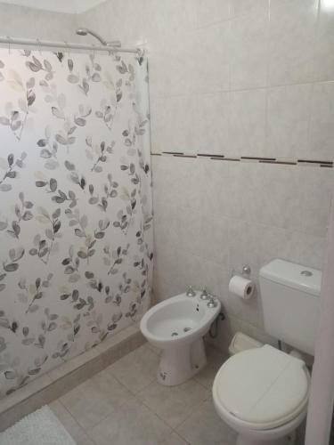 a bathroom with a toilet and a shower curtain at El mejor descanso lll in Plottier