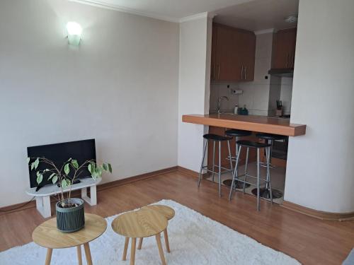 a living room with a table and a kitchen at Dpto vista hermosa in Osorno