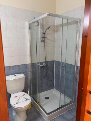 a bathroom with a shower and a toilet at Theodorou Town Residence in Strovolos