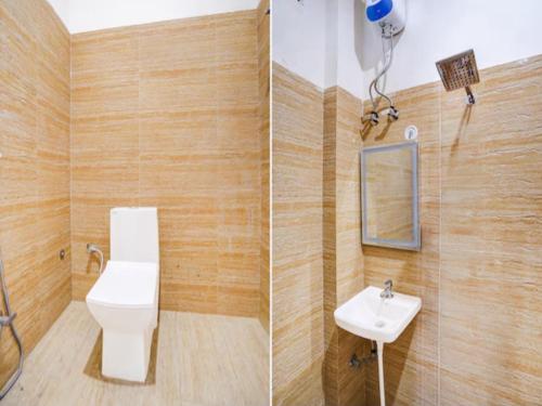 two pictures of a bathroom with a toilet and a sink at Hotel Pilgrrim in Varanasi