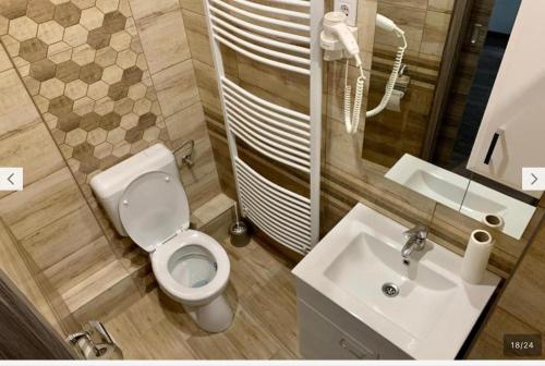 a bathroom with a toilet and a sink at Downtown Cosy-Rooms in Miskolc