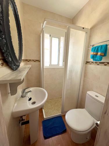 a bathroom with a toilet and a sink and a shower at Casa Maena in Cómpeta