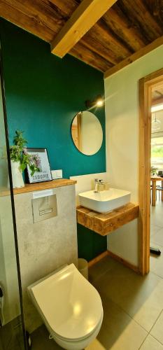 a bathroom with a white toilet and a sink at W ładnym polu n1 in Ruciane-Nida