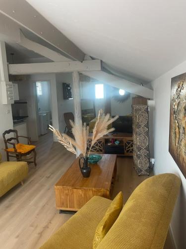 a living room with a couch and a coffee table at Appartement in Arles