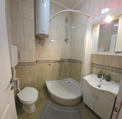 a bathroom with a toilet and a sink and a shower at Luna di mare 2 Igalo in Igalo