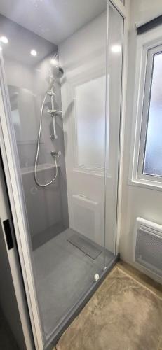a shower with a glass door in a bathroom at SevServices aux Dunes de Contis in Saint-Julien-en-Born