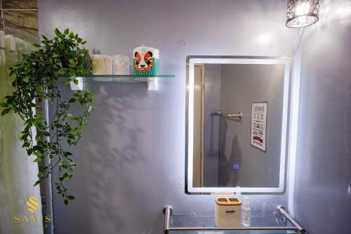 a bathroom with a mirror and a sink with a plant at Sam's Residence in Marilao