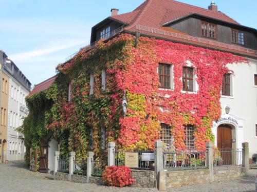 a building covered in ivy on a street at Schloss Schänke Hotel garni und Weinverkauf in Bautzen