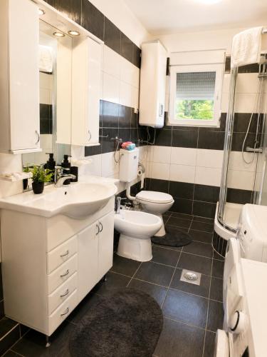 a bathroom with a sink and a toilet and a shower at Central No1-Apartments in Golubac