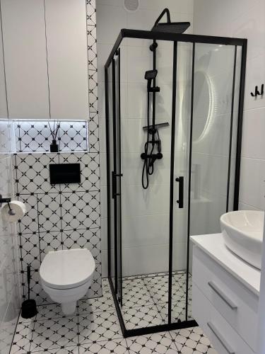 a bathroom with a shower and a toilet and a sink at WOW Apartament in Białystok
