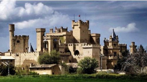 a large castle sitting on top of a field at Apartamento El mirador de Olite in Olite
